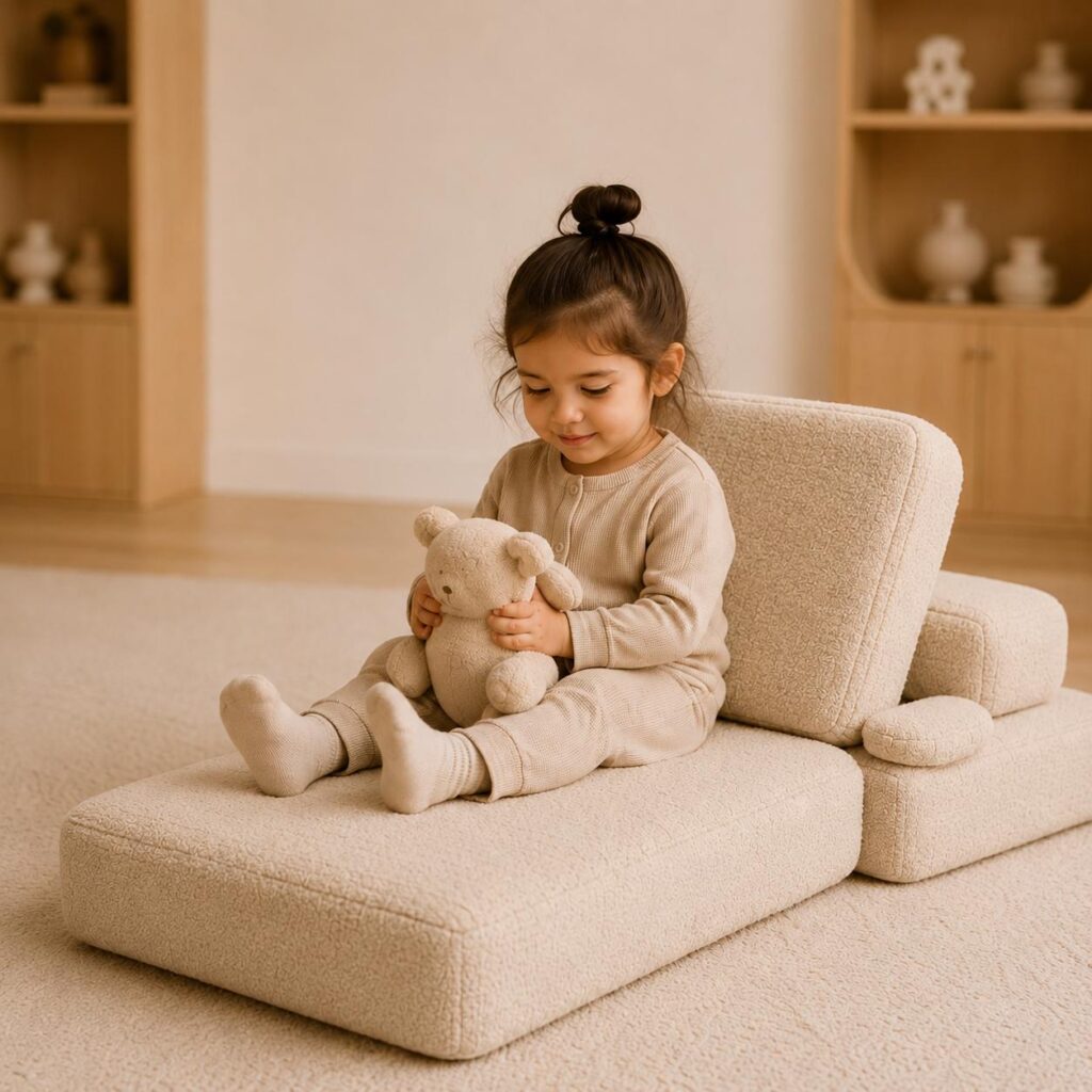 Kiko Cub Couch modular sofa in neutral linen fabric set up as a children's daybed