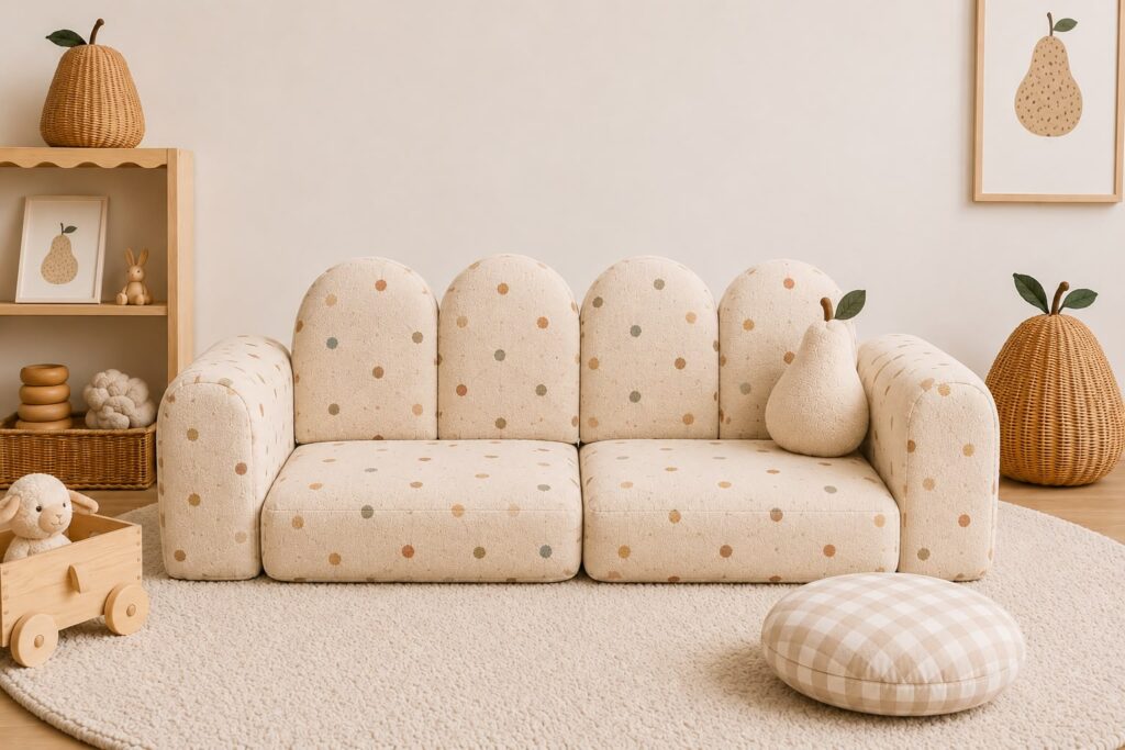 Kiko Cub Couch modular sofa in neutral linen fabric set up as a children's daybed