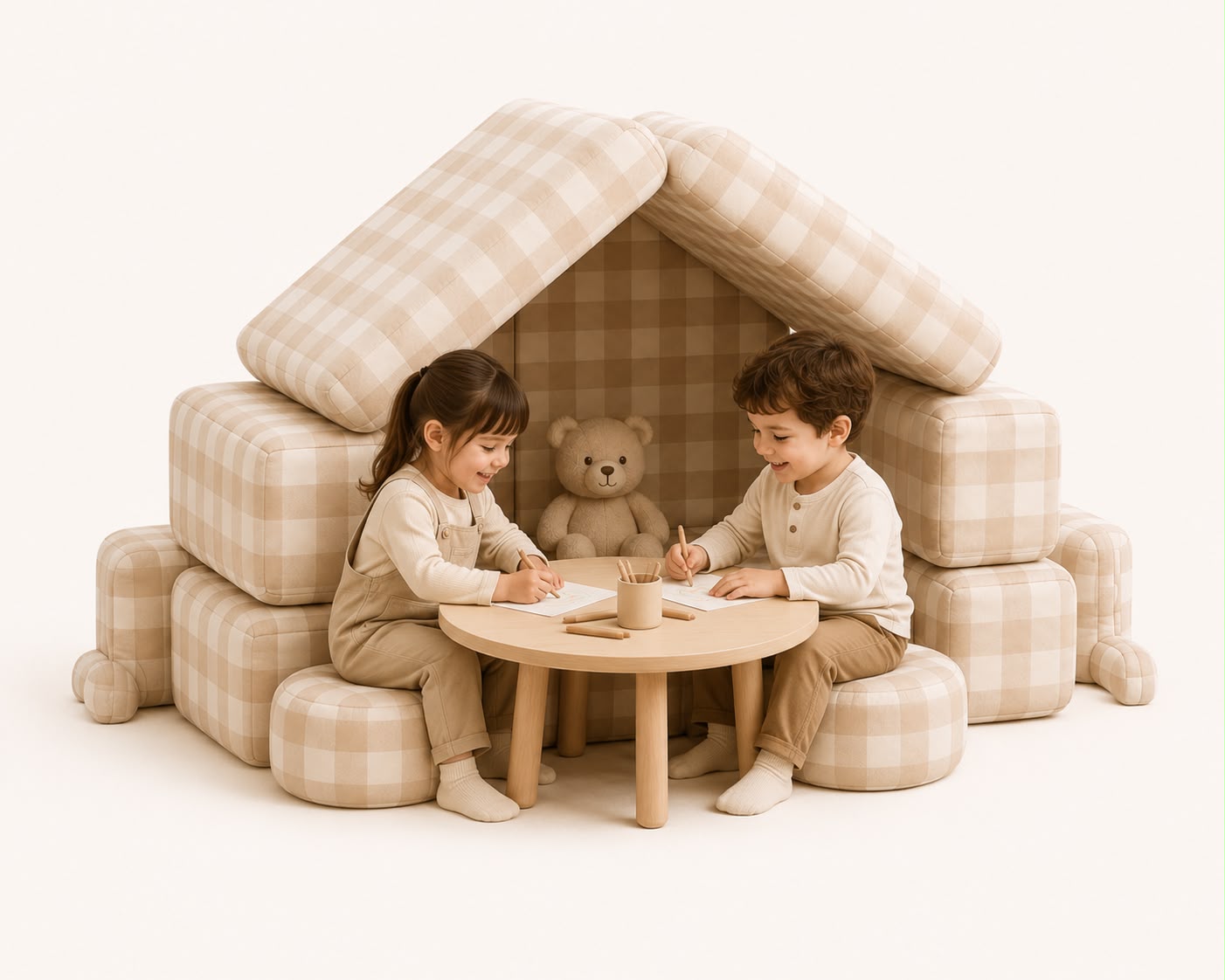 Kiko Cub Couch modular sofa in neutral linen fabric set up as a children's daybed