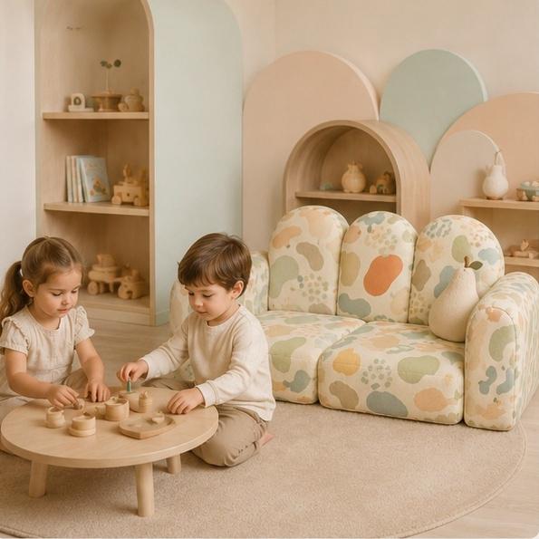 Kiko Cub Couch modular sofa in neutral linen fabric set up as a children's daybed