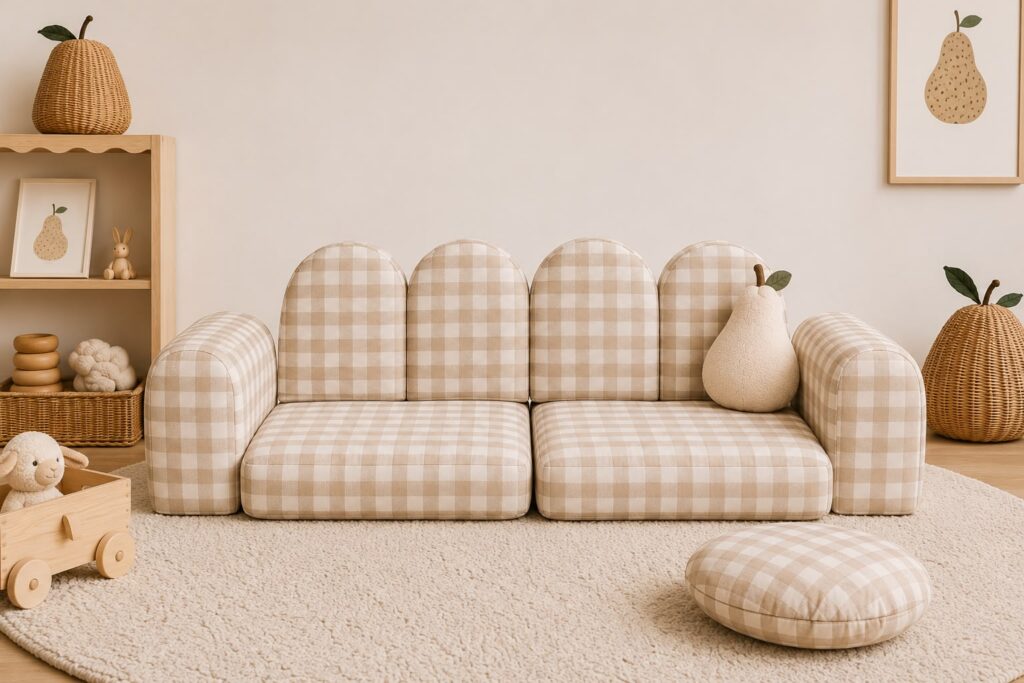 Kiko Cub Couch modular sofa in neutral linen fabric set up as a children's daybed