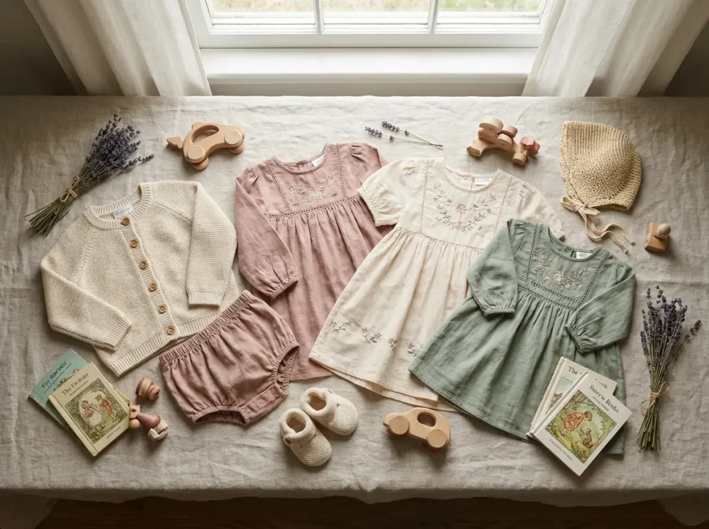 A flatlay of Kiko Kids children's clothing in soft, gentle tones on natural linen