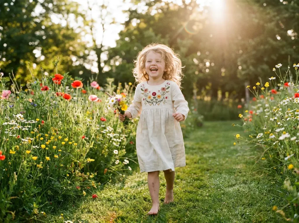 A young girl in a soft cream Kiko Kids dress playing in a sunlit garden
