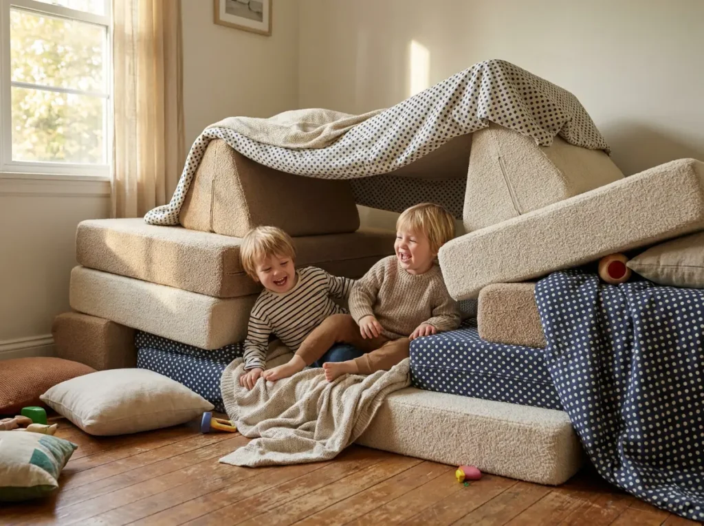Two children playing inside a fort built from the Kiko Cub Couch cushions