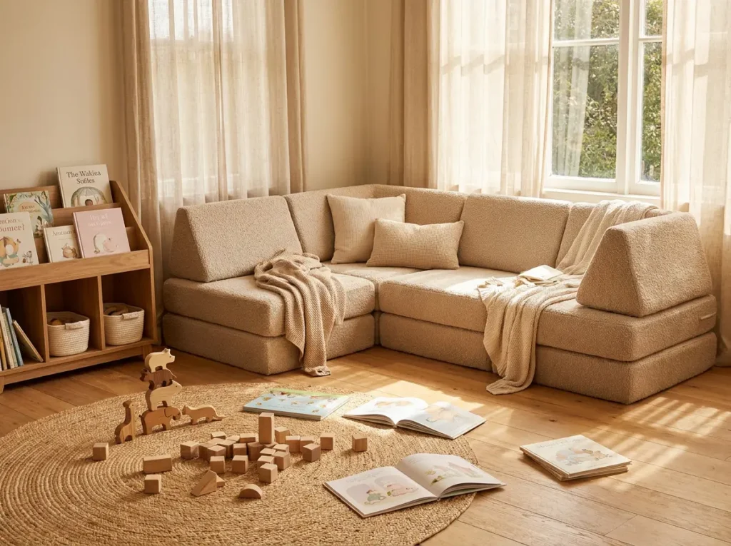 A beautifully styled children's playroom featuring the Kiko Cub Couch in oat boucle fabric